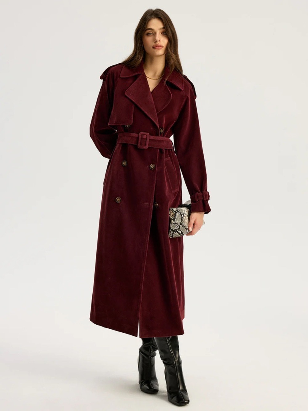 Commense Belted Double-Breasted Suede Effect Long Trench Coat - Picture 6 of 13